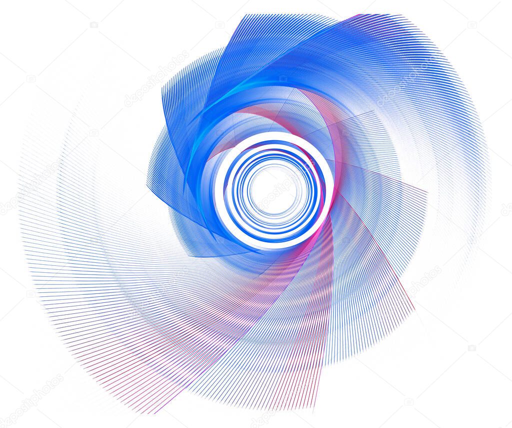 Many abstract flat surfaces rotate on a white background. Colorful graphic design element. Technical symbol or logo. 3D rendering. 3D illustration.