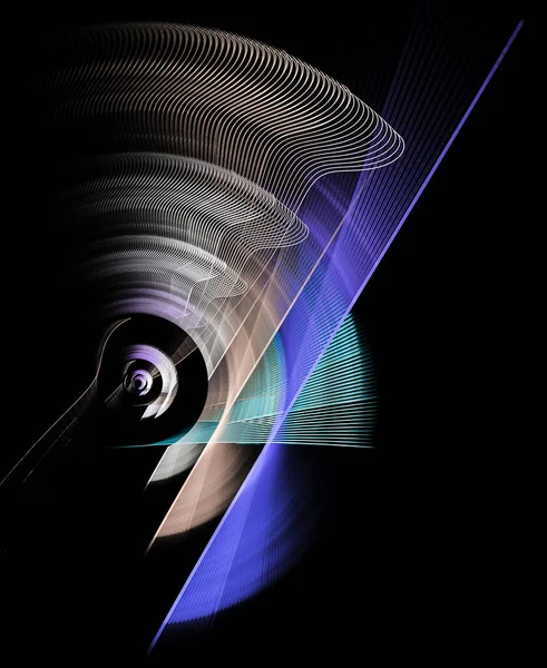 Several abstract parallel planes rotate on a black background. The planes are straight and wavy. Graphic design element. Technical symbol or logo. 3D rendering. 3D illustration.