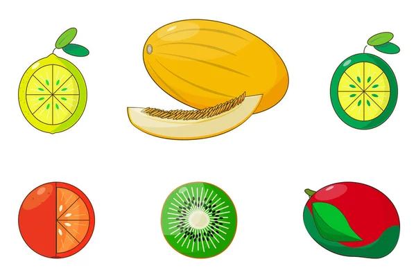 Bir dizi stilize meyve. Kavun, limon, limon, portakal, kivi ve mango beyaz arka planda izole edilmiş. Vektör. EPS10