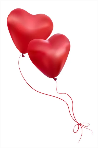 Beyaz arka planda izole edilmiş iki kalp. Kalp şeklinde bir çift balon havada uçuyor. İpleri bir yayla bağlanmış. Üç boyutlu. Vektör. EPS10
