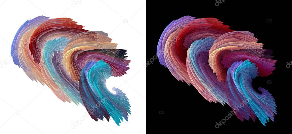 Set of two abstract fractal backgrounds. Bunches of multi-colored arcs wrapped in a spiral on a white and black background. 3D rendering. 3D illustration