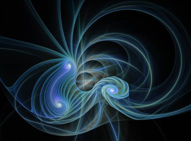 Soyut fraktal arka plan. Siyah arka planda entelektüeller, kavisler, paralel çizgiler ve farklı daireler. 3 boyutlu görüntüleme. 3B illüstrasyon