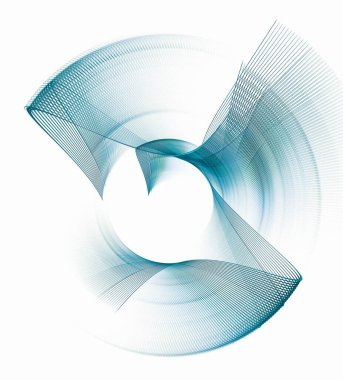 Merkezin etrafında mavi çizgili dalgalı yüzeyler var. Grafik tasarım ögesi beyaz arkaplanda izole edildi. 3 boyutlu görüntüleme. Üç boyutlu illüstrasyon. Teknik sembol veya logo.