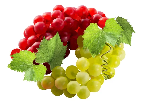一丛丛新鲜的红葡萄和绿葡萄围成一圈 可见的葡萄叶子和触角 被白色背景隔离的葡萄 3D例证 — 图库矢量图片