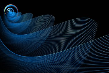 Mavi dalgalar ve spiral siyah arkaplanı dolduruyor. Soyut fraktal arka plan. 3D görüntüleme. 3d illüstrasyon.