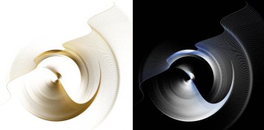Siyah ve beyaz arka planlarda dönen iki yüzeyi olan bir dizi grafik tasarım elemanı. 3D görüntüleme. 3 boyutlu illüstrasyon. Teknik sembol veya logo.