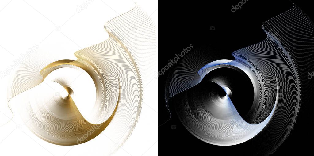 A set of graphic design elements with two rotating surfaces on black and white backgrounds. 3d rendering. 3d illustration. Technical symbol or logo.
