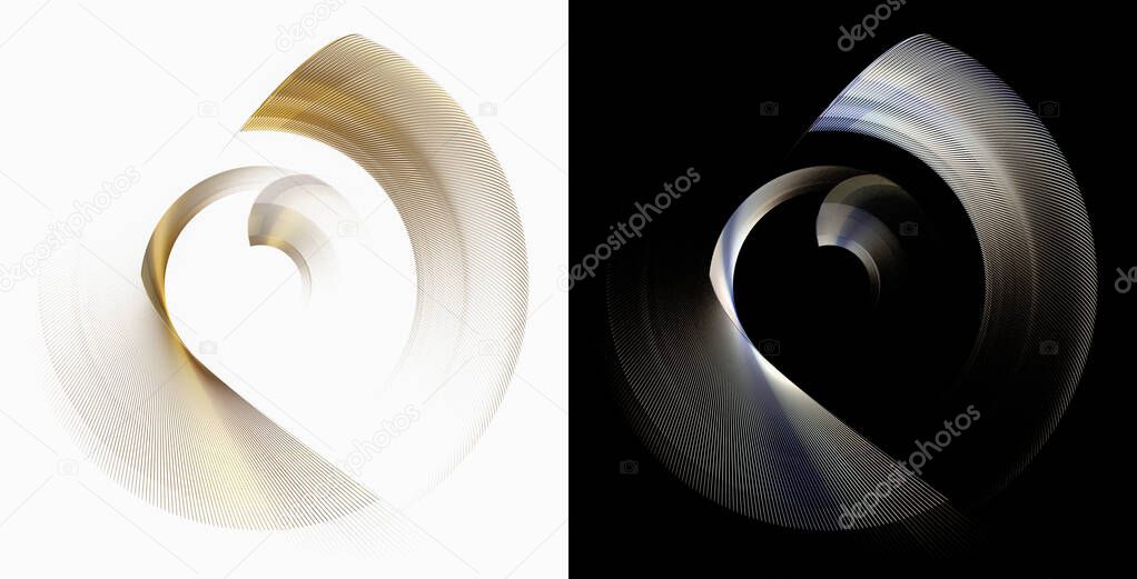The surfaces are curved in a circle in one direction on black and white backgrounds. Graphic design elements set. 3D rendering. 3D illustration Technical symbol or logo.
