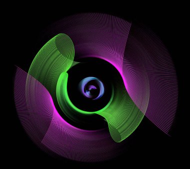 Leylak ve yeşil çizgili uçaklar güzel kıvrılmış ve döndürülmüş. Grafik tasarım elementi. 3D görüntüleme. 3 boyutlu illüstrasyon. Renkli soyut fraktal arkaplan. Teknik sembol veya logo.