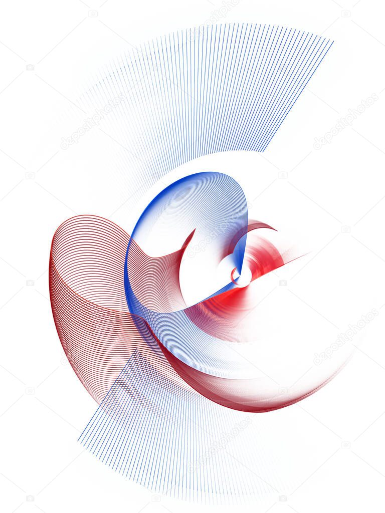 Colorful curls of transparent striped surfaces isolated on white background. Graphic design element. 3d rendering. 3d illustration. Abstract fractal background for business and industry.