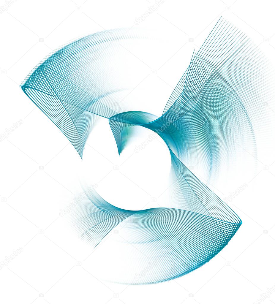 Turquoise wavy surfaces are arranged in a circle on a white background. Graphic design element. 3d rendering. 3d illustration. Abstract fractal background for business and industry.