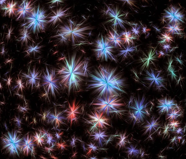 Estrelas Multicoloridas Flocos Neve Flores Sobre Fundo Preto Fundo Fractal — Fotografia de Stock