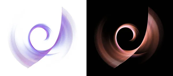 İki soyut fraktal şekilden oluşan bir set, bir spiral ve eğri bir yüzey, beyaz ve siyah bir zemin üzerinde. Grafik tasarım elementi. 3D görüntüleme. 3d illüstrasyon.