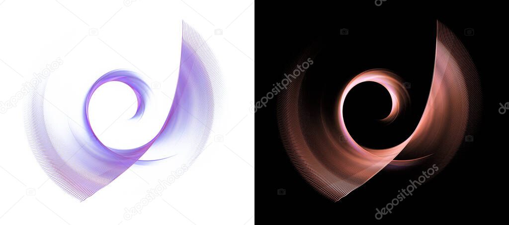 A set of two abstract fractal shapes, consisting of a spiral and a curved surface, on a white and black background. Graphic design element. 3d rendering. 3d illustration.