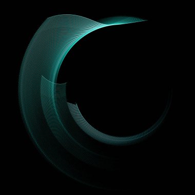 Farklı boyutlarda turkuaz uçaklar üst üste konur ve siyah arka planda bir dairenin etrafında kıvrılır. 3D görüntüleme. 3 boyutlu illüstrasyon. Grafik tasarım ögesi.