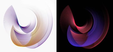 Renkli yüzeyler bir kavisle eğilir ve dalgalar gibi birbirleriyle kesişir. Siyah ve beyaz arka planlarda soyut fraktal grafik tasarım elementleri. 3D görüntüleme. 3d illüstrasyon.