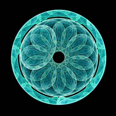 Yeşil ya da turkuaz soyut bir çiçek ve birçok taç yaprağı bir daire şeklinde kazınır. Çember bir şablonla süslenmiş. Siyah bir arkaplanda grafik tasarım ögesi. 3D görüntüleme. 3d illüstrasyon.