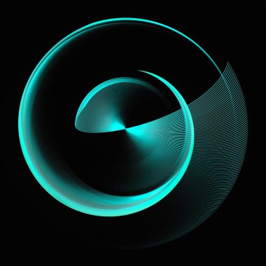 Turkuaz pervane bıçağı merkezde bükülür ve spiral bir şekilde döner. Siyah arkaplan üzerinde grafik tasarım ögesi. 3D görüntüleme. 3 boyutlu illüstrasyon. İş ve endüstri için simge, sembol, logo.