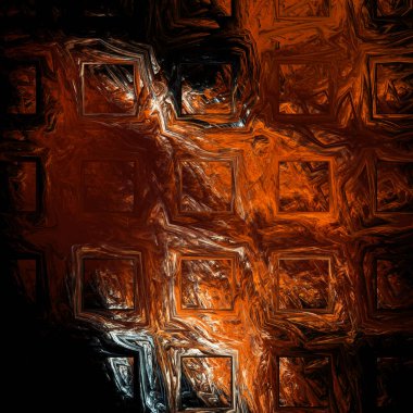 Soyut fraktal metalik arka plan. Sıvı altın arkaplana yayılır ve geometrik hücre deseni oluşturur. 3D görüntüleme. 3d illüstrasyon.