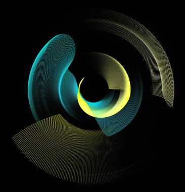 Dalgalı turkuaz ve sarı yüzeyler siyah bir arkaplanda dönüyor. Grafik tasarım elementi. 3D görüntüleme. 3 boyutlu illüstrasyon. İşletme ve endüstri için sembol, logo, imza.