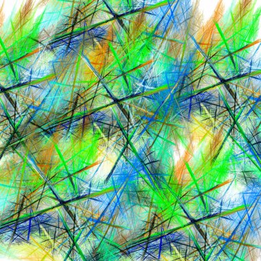 Yeşil, mavi, turuncu noktalı ve kesişen çizgilerle soyut fraktal arkaplan. 3D görüntüleme. 3d illüstrasyon.