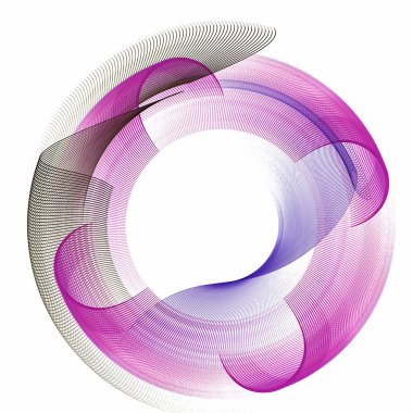 Mor, mavi ve siyah yüzeyler beyaz arkaplana karşı bir daire şeklinde kıvrımlı ve dalgalı. 3D görüntüleme. 3 boyutlu illüstrasyon. Grafik tasarım elementi. İmzala, sembol ya da logo.