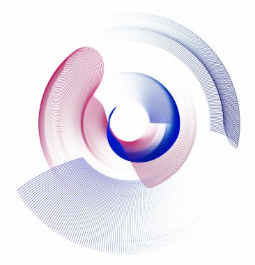 Soyut bir yelpazenin kırmızı ve mavi pervaneleri bir dalga ve spiral şeklinde kıvrılır. Uçaklar dönüyor. Grafik tasarım ögesi beyaz arkaplanda izole edildi. 3D görüntüleme. 3 boyutlu illüstrasyon. İmzala, sembol ya da logo