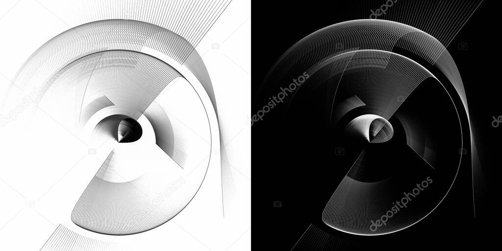 Differently shaped monochrome fan blades revolve around the center. Set of graphic design elements on black and white backgrounds. 3d rendering. 3d illustration. Sign, symbol or logo.