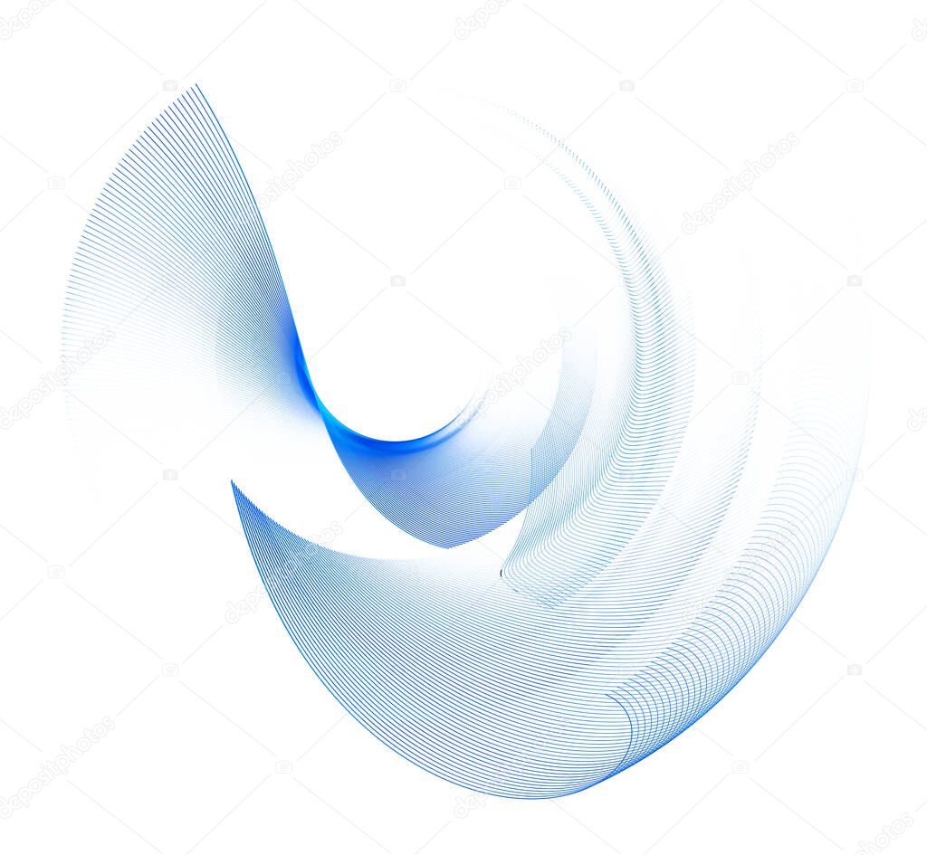 Blue wavy planes are located in a circle. Gaphic design element isolated on white background. 3d rendering. 3d illustration. Logo, symbol, sign, icon