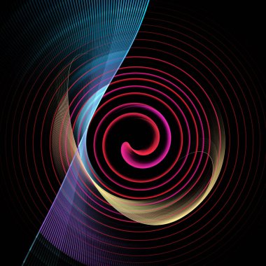Siyah bir arka planda, mavi ve altın uçaklar kırmızı spiral etrafında döner. 3D görüntüleme. 3 boyutlu illüstrasyon. Grafik tasarım elementi. İmzala, sembol, logo.