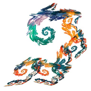 Parlak yeşil, turuncu ve mavi spiraller beyaz zemin üzerinde büyük bir spiral şeklinde yığılmış. 3D görüntüleme. 3 boyutlu illüstrasyon. Soyut fraktal arkaplan.