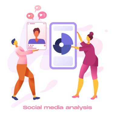 İş adamları yaratıcı ekip akıllı telefondan sosyal medya analizi yapıyor.