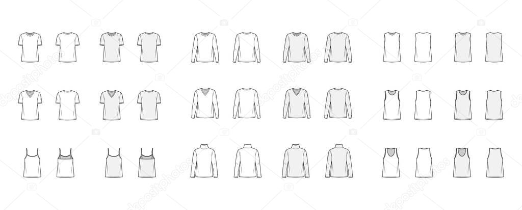 Set of 9 tops technical fashion illustration croqui front and back white and color style.