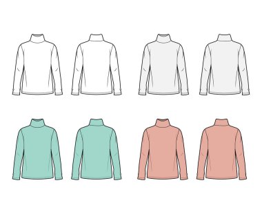 Pamuk forma, balıkçı yaka kazaklı, uzun kollu, uzun kollu, uzun ceketli, teknik bir illüstrasyon..