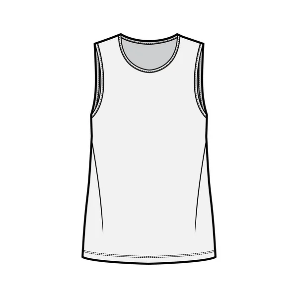 T-shirt ilustração de moda técnica com pescoço de tripulação, corpo de tamanho grande sem mangas, plana . —  Vetores de Stock
