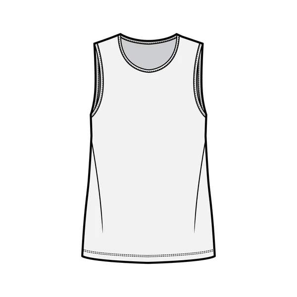 Camiseta técnica de moda ilustración con cuello redondo, cuerpo de gran tamaño sin mangas, plana . — Archivo Imágenes Vectoriales