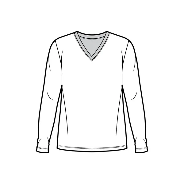 Camisola de algodão top técnica moda ilustração com decote em V, comprimento túnica corpo de grandes dimensões mangas compridas plana . — Vetor de Stock