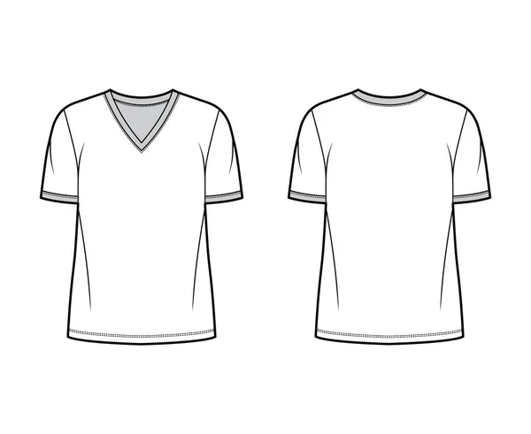 T-shirt illustration de mode technique avec col V, manches courtes oversize ajustées, plat. — Image vectorielle