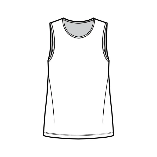 T-shirt τεχνική απεικόνιση μόδας με το λαιμό του πληρώματος, τοποθετηθεί oversized αμάνικο σώμα, επίπεδη. — Διανυσματικό Αρχείο
