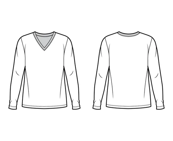 Jersey de algodón superior ilustración técnica de moda con cuello en V, longitud de la túnica cuerpo de gran tamaño mangas largas plana . — Vector de stock