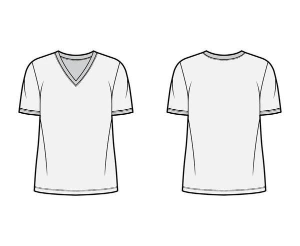 T-shirt technische mode illustratie met V hals, gemonteerd oversized body korte mouwen, plat. — Stockvector