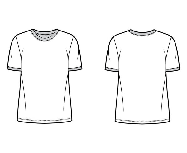 T-shirt technical fashion illustration with crew neck, fitted oversized body short sleeves, flat.
