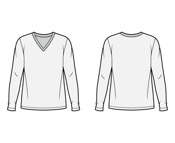 Jersey de algodón superior ilustración técnica de moda con cuello en V, longitud de la túnica cuerpo de gran tamaño mangas largas plana . — Vector de stock