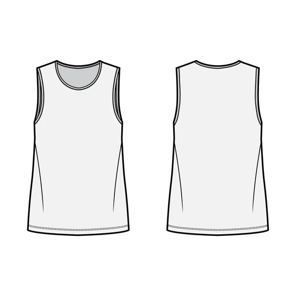 Camiseta técnica de moda ilustración con cuello redondo, cuerpo de gran tamaño sin mangas, plana . — Vector de stock