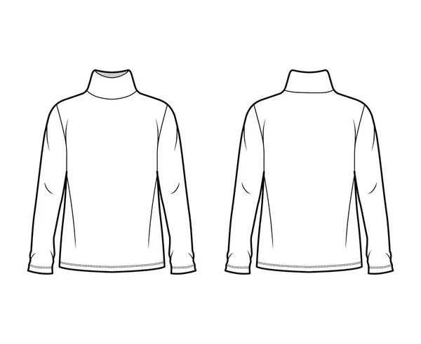 Baumwolljersey Top technische Mode Illustration mit Rollkragen, Tunika Länge übergroßen Körper lange Ärmel flach. — Stockvektor