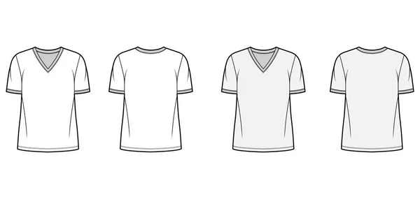 Tričko technické módní ilustrace s výstřihem V, vestavěné nadrozměrné krátké rukávy, ploché. — Stockový vektor