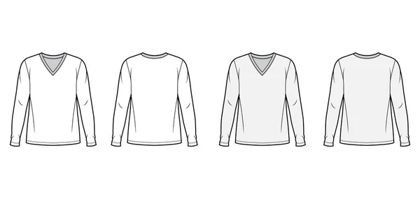 Jersey de algodón superior técnica moda ilustración conjunto con cuello en V, longitud de la túnica cuerpo de gran tamaño mangas largas planas . — Vector de stock