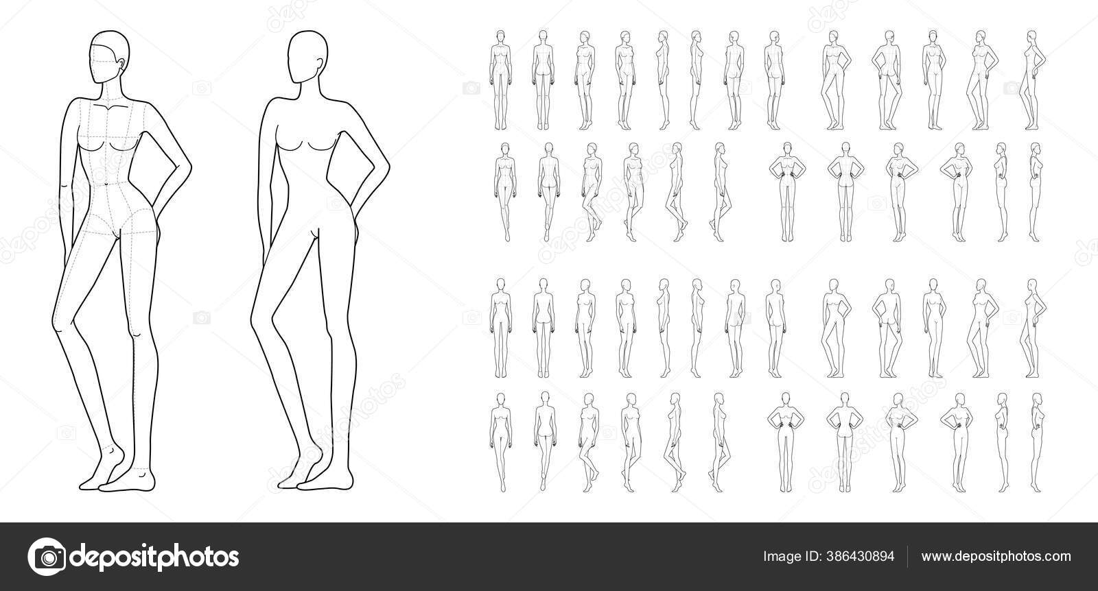 Modelo de moda do homem em poses diferentes 9 tamanho da cabeça para  desenho técnico