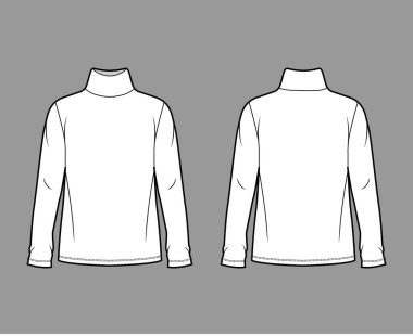 Pamuk forma, balıkçı yaka kazaklı, uzun kollu, uzun kollu, uzun ceketli, teknik bir illüstrasyon..