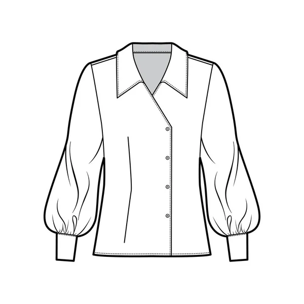 Blus tekniska mode illustration med överdimensionerad krage, kropp, långa biskop ärmar, dubbelknäppt. — Stock vektor